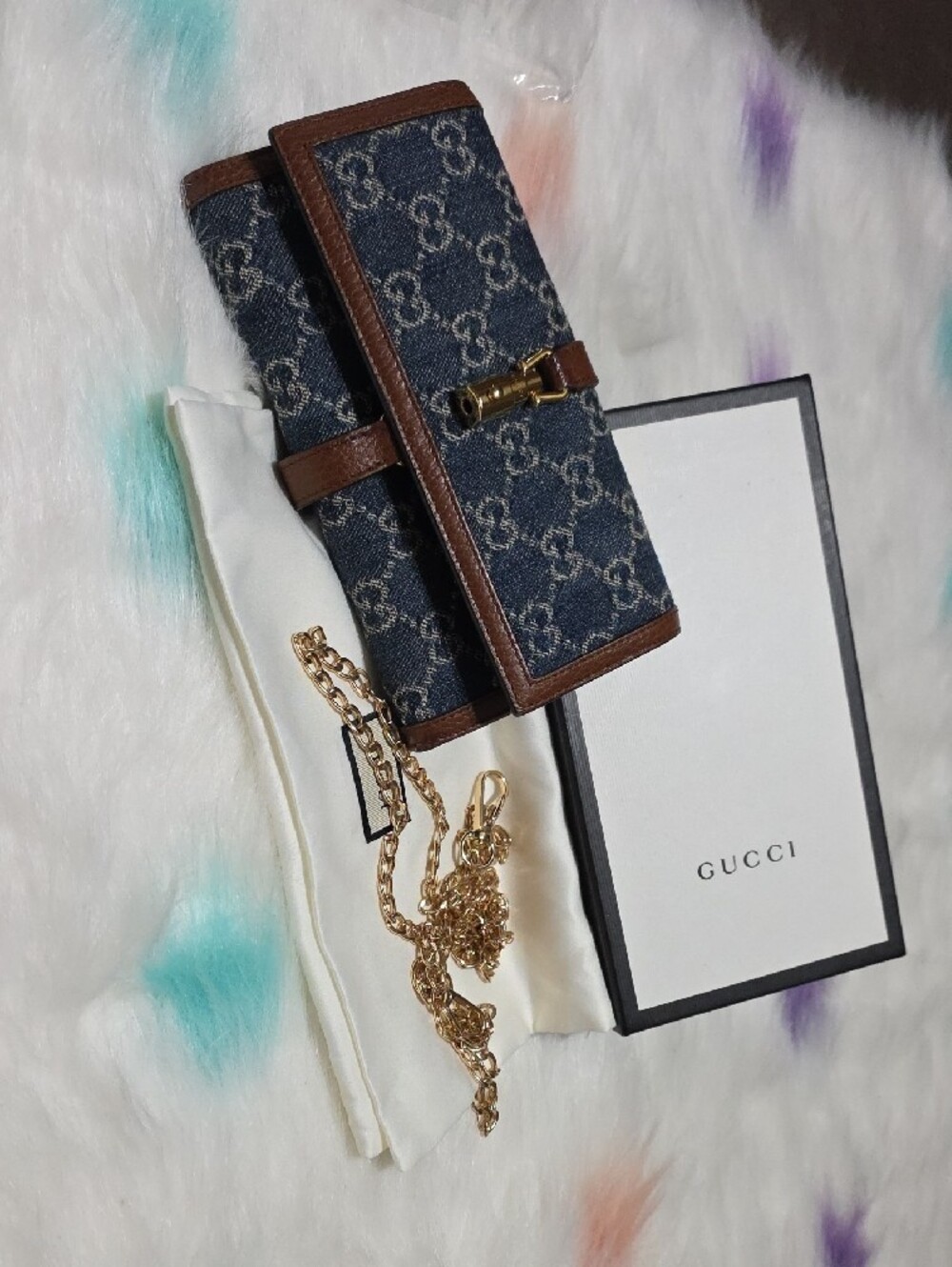 Gucci Denim GG Monogram Wallet with Brown Leather and Gold Hardware And Sling - Picture 2 of 4